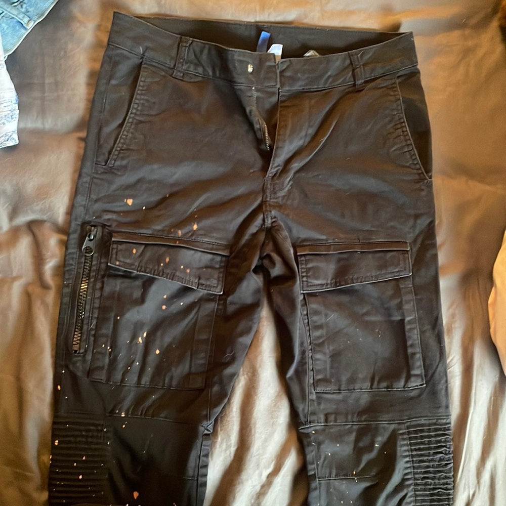 Black, spotted bleached joggers , 28 with front and side zippers